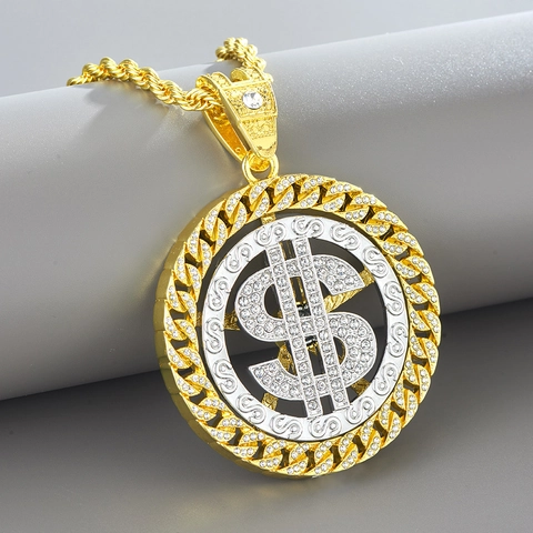 Rotatable Dollar Sign Pendant Necklace Hip Hop Alloy Rhinestone Inlaid Fashion Jewelry For Men Women Urban Street Style