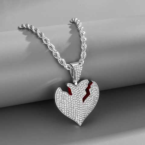Hip Hop 3D Broken Heart Pendant Necklace For Men Women Alloy Rhinestone Pave Iced Out Bling Jewelry With Rope Chain