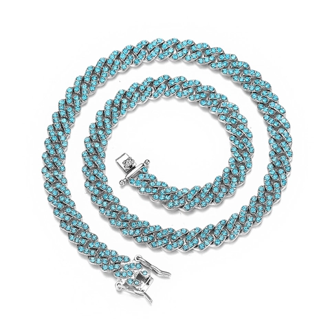 Collana Bracciale a Maglia Cubana Hip Hop Lega Iced Out Strass Blu Chiaro Catena per Uomo Donna Streetwear Festa Gioielli