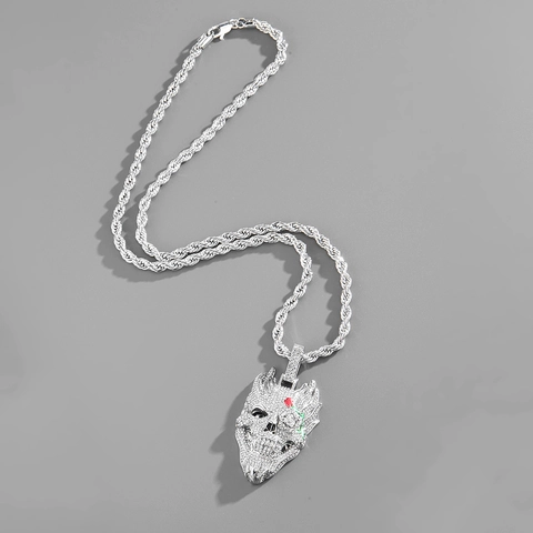 Collana con Ciondolo a Teschio Hip Hop Iced Out Ciondolo a Teschio Rosa in Lega Zirconia Con Catena a Corda in Acciaio Inossidabile