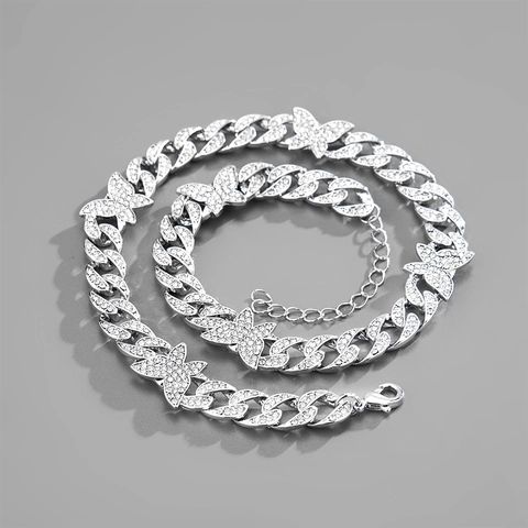 Set di Collana e Bracciale con Ciondolo a Farfalla in Lega Hip Hop Catena a Maglie Cubane in Strass Gioielli Placcati in Oro e Argento per Uomo Donna Festa