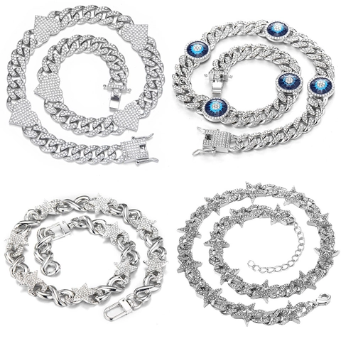 Hip Hop Iced Out Cuban Link Necklace Bracelet Alloy Rhinestone Pentagram Star Heart Butterfly Evil Eye Smile Jewelry For Men Women