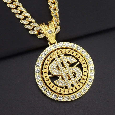 Collana con Ciondolo Simbolo del Dollaro Rotante Hip Hop in Lega con Strass Segno del Dollaro Gioielli di Moda per Uomo Donna