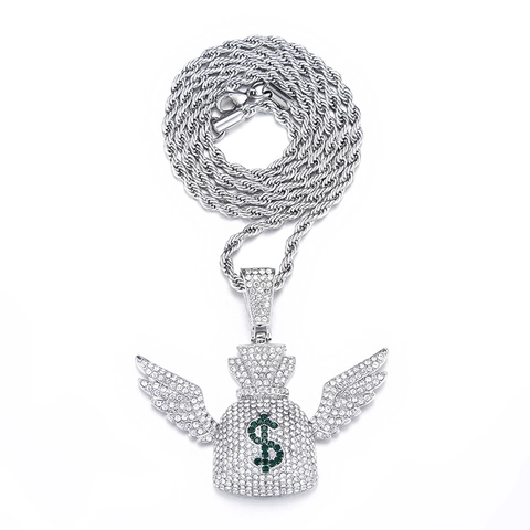 Hip Hop Winged Money Bag Pendant Necklace Alloy Rhinestone Dollar Sign Iced Out Street Fashion Jewelry Men Women Gifts