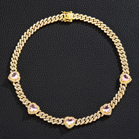 Collana a Maglia Cubana Iced Out Hip Hop Con Cuore in Zirconia Lega di Zinco Strass Gioielli di Moda Per Uomo Donna