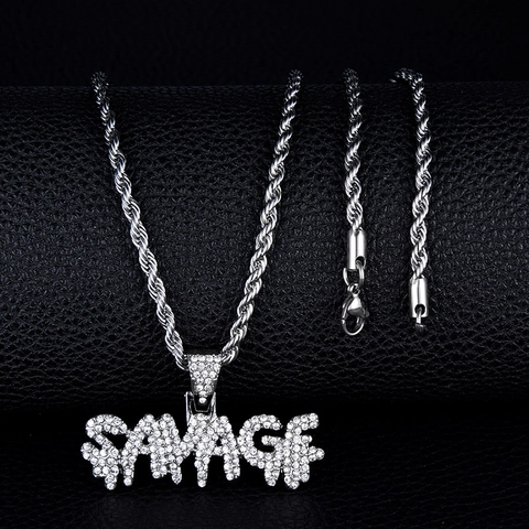 Collana con Pendente a Lettera Savage Hip Hop per Uomo Donna Lega Strass Iced Out Catena a Corda Gioielli Moda Streetwear