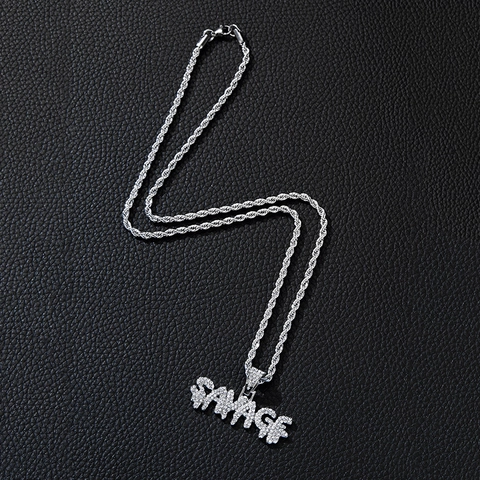 Collana con Pendente a Lettera Savage Hip Hop per Uomo Donna Lega Strass Iced Out Catena a Corda Gioielli Moda Streetwear