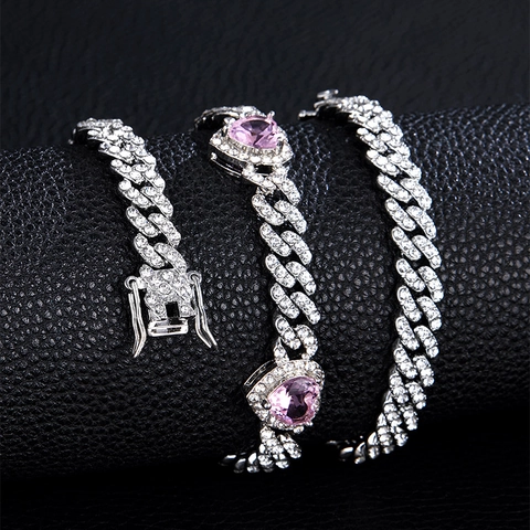 Collana a Maglia Cubana Iced Out Hip Hop Con Cuore in Zirconia Lega di Zinco Strass Gioielli di Moda Per Uomo Donna