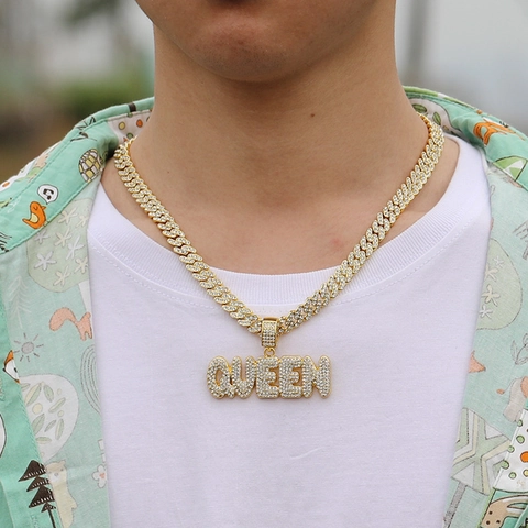 Collana con Pendente a Lettera Queen Hiphop Iced Out Placcata Oro Argento Lega di Zinco Strass Catena Corda Tennis Cubana Gioielli Streetwear