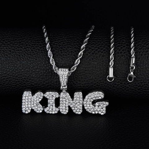 Iced Out King Letter Pendant Necklace Hip Hop Jewelry For Men Women Rhinestone Alloy Pendant With Twist Tennis Cuban Chain