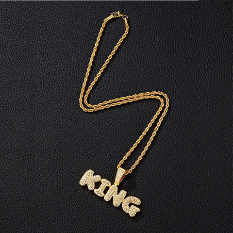 Iced Out King Letter Pendant Necklace Hip Hop Jewelry For Men Women Rhinestone Alloy Pendant With Twist Tennis Cuban Chain
