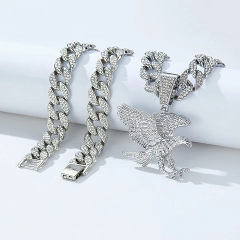 Collier Pendentif Aile d'Aigle Hip Hop pour Homme en Alliage Strass Bijoux Animaux Tendance Rétro Style Punk