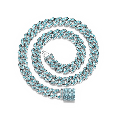 Iced Out Cuban Link Chain Necklace Alloy Silver Tone Sea Blue Rhinestones Hip Hop Jewelry For Men Women Party Streetwear