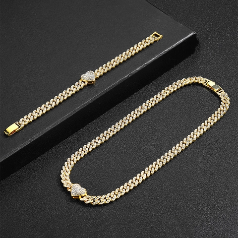 Hip Hop Heart Cuban Link Chain Iced Out Gold Silver Alloy Rhinestone Pendant Necklace Bracelet For Men Women Party Jewelry
