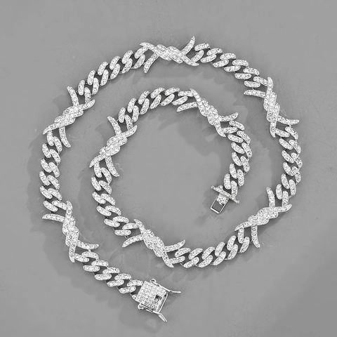 Collana Cuban Link Hip Hop Thorn Flame in Lega Con Strass Iced Out Gioielli a Catena per Uomo Donna Accessorio Streetwear