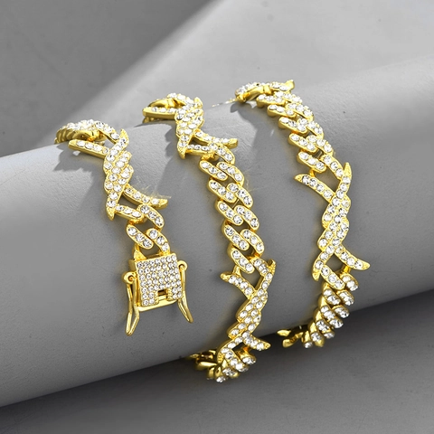 Collana Cuban Link Hip Hop Thorn Flame in Lega Con Strass Iced Out Gioielli a Catena per Uomo Donna Accessorio Streetwear