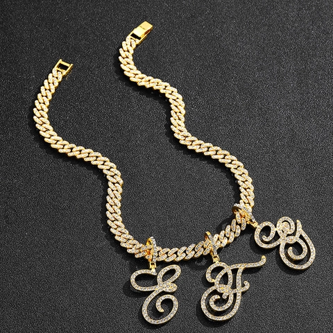 Pendente Alfabeto in Corsivo in Lega con Strass Iced Out Hip Hop Pendente Iniziale Placcato Oro Argento Gioielli Moda Uomo Donna
