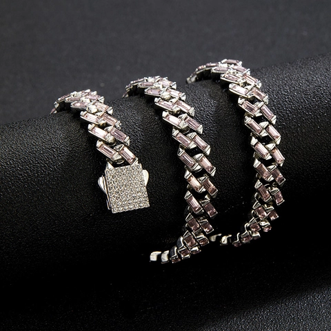 Collana e Bracciale a Catena Cubana con Strass Baguette Iced Out Hip Hop Lega Chiusura a Molla Rosa Oro Argento Gioielli per Donna Uomo