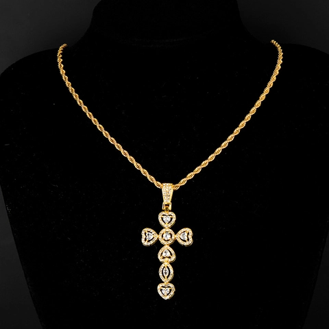 Collar Con Colgante De Cruz Hip Hop Para Hombres Mujeres Forma De Corazón Incrustado De Circón Aleación Cadena De Cuerda Joyería