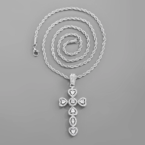 Collar Con Colgante De Cruz Hip Hop Para Hombres Mujeres Forma De Corazón Incrustado De Circón Aleación Cadena De Cuerda Joyería