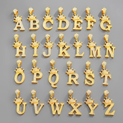 Juego de Collar con Colgante de Letra Inicial de Corona de Aleación de Hip Hop y Strass Cadena de Eslabones Cubanos Chapada en Oro y Plata