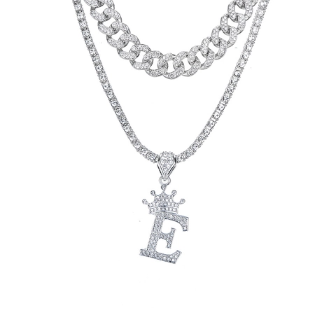 Juego de Collar con Colgante de Letra Inicial de Corona de Aleación de Hip Hop y Strass Cadena de Eslabones Cubanos Chapada en Oro y Plata