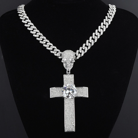 Collana con Pendente a Croce e Teschio Hip Hop in Lega con Strass Catena Cubana Gioielli Streetwear Iced Out per Uomo Donna Festa