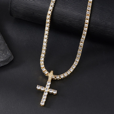 Collana Con Ciondolo a Croce Hip Hop In Lega di Zinco Con Zirconi Incastonati Ciondolo Iced Out E Collana Tennis Da Uomo E Donna