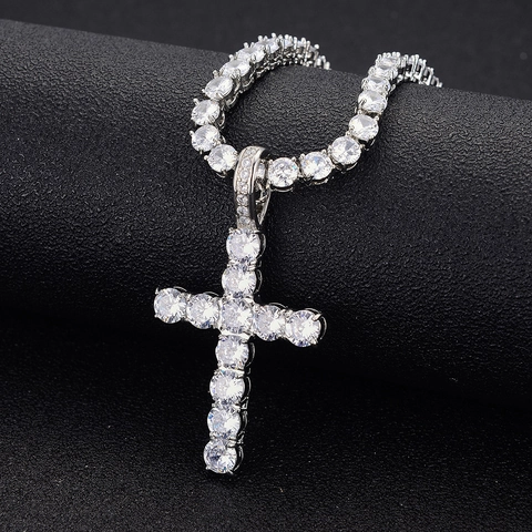 Collana Con Ciondolo a Croce Hip Hop In Lega di Zinco Con Zirconi Incastonati Ciondolo Iced Out E Collana Tennis Da Uomo E Donna