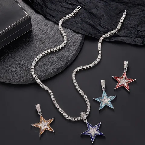 Hip Hop Alloy Iced Out Star Pendant Necklace Silver Tennis Chain Multi Color Rhinestone Star Necklaces For Men Women Jewelry