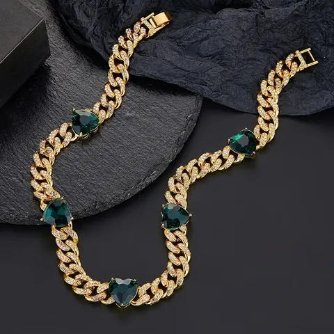 Collana Catena Cubana Miami Hip Hop Cuore Verde Smeraldo Zirconia Pieno Strass Iced Out Catena Per Gioielli Da Festa