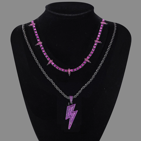 Collana Pantera Hip Hop Pendente a Fulmine in Lega Con Strass Collana a Strati Gioielli Stile Dark Per Uomo Donna Viola Nero