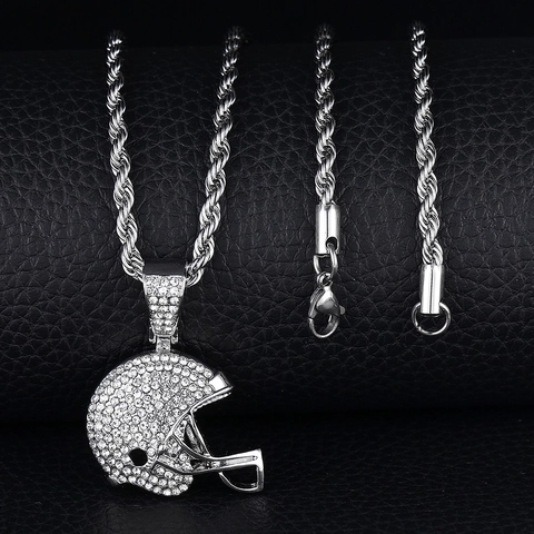 Collana con Pendente a Casco da Football Americano Hip Hop Iced Out in Lega d'Argento con Strass Intarsiati Catena a Corda Gioielli Sportivi per Uomo