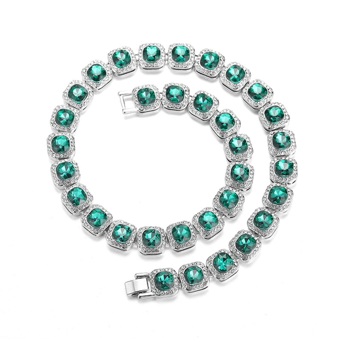Hip Hop Emerald Green Square Gemstone Necklace Bracelet Set Rhinestone Iced Out Cuban Chain Zinc Alloy Luxury Jewelry For Men Women