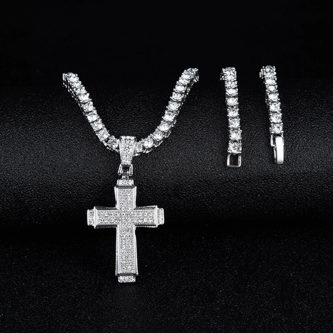 Hip Hop Kreuz Anhänger Halskette Mit Tenniskette Legierung Strass Eingelegter Personalisierter Schmuck Für Herren Damen Glitzer Geschenk