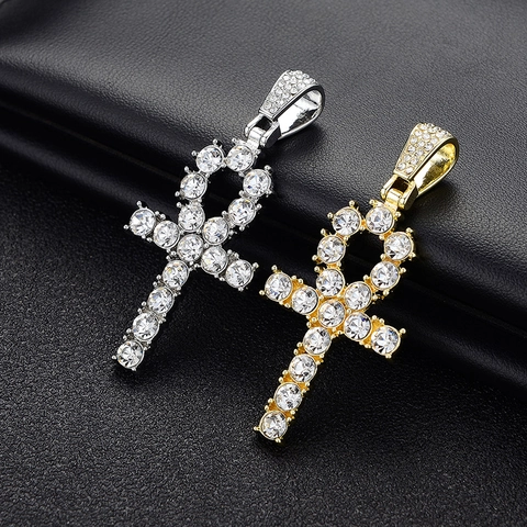 Hip Hop Ankh Kreuz Anhänger Halskette Für Damen Herren Iced Out Strass Ägyptischer Lebensschlüssel Legierung Kette Schmuck