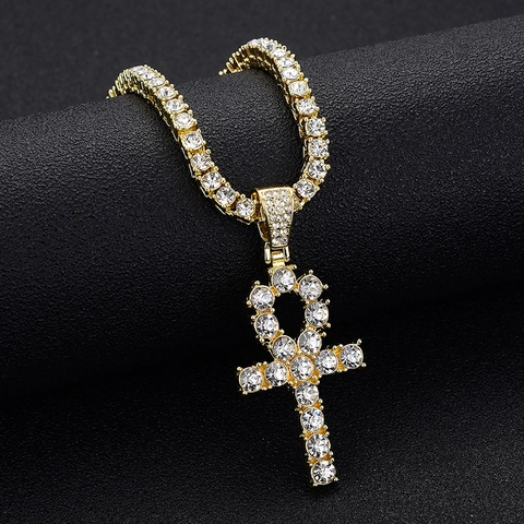 Hip Hop Ankh Kreuz Anhänger Halskette Für Damen Herren Iced Out Strass Ägyptischer Lebensschlüssel Legierung Kette Schmuck