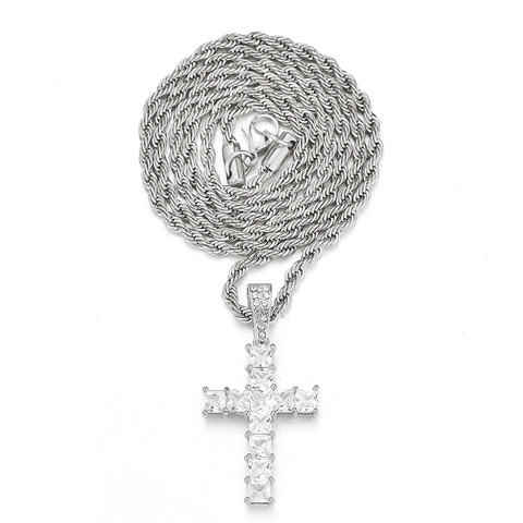 Collana con Pendente a Croce Hip Hop per Uomo Donna Catena a Corda in Acciaio Inossidabile con Zirconia Intarsiata Gioielli di Moda Oro Argento