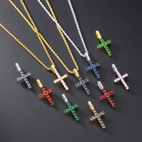 Hip Hop Cross Pendant Necklace Men Women Luxury Alloy AAA Zircon Inlaid Gold Silver Plated Rope Chain Fashion Jewelry Gift
