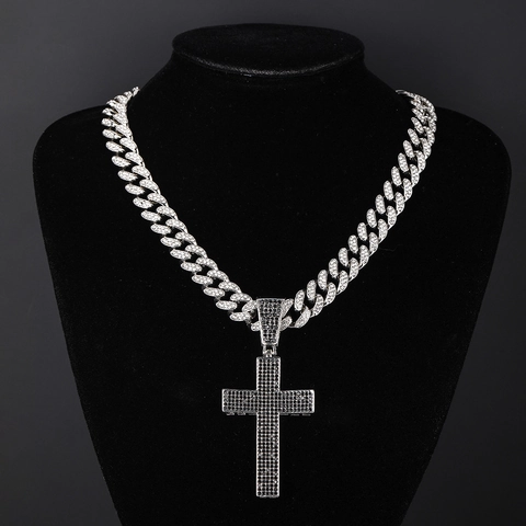 Collier Pendentif Croix en Alliage Hip Hop Strass Chaîne à Maillons Cubains Argent Iced Out Bijoux Streetwear Cadeau