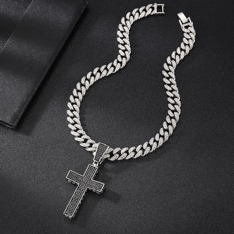 Collier Pendentif Croix en Alliage Hip Hop Strass Chaîne à Maillons Cubains Argent Iced Out Bijoux Streetwear Cadeau