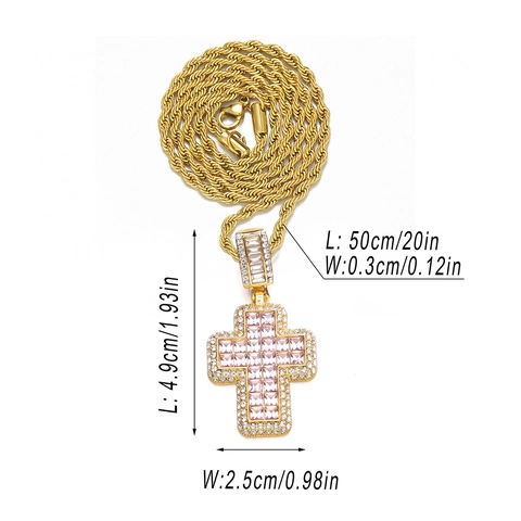 Hip Hop Full Rhinestone Cross Pendant Necklace For Men Women Zinc Alloy Square Rhinestone Inlaid Rope Chain Fashion Jewelry