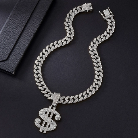 Hip Hop Dollar Sign Pendant Necklace For Men Women Iced Out Rhinestone Alloy Cuban Link Chain Streetwear Jewelry Gift