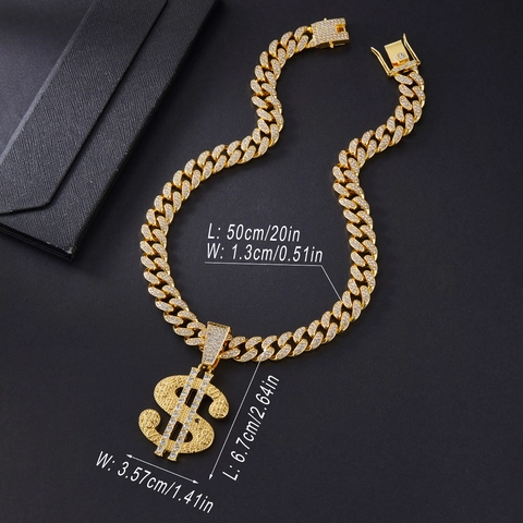 Hip Hop Dollar Sign Pendant Necklace For Men Women Iced Out Rhinestone Alloy Cuban Link Chain Streetwear Jewelry Gift