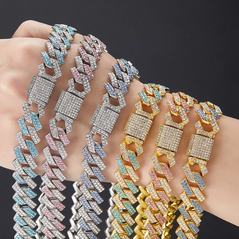 Collar Hip Hop Iced Out Eslabón Cubano Aleación de Zinc Strass de Colores Pavé para Hombres Mujeres Joyería de Moda