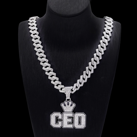 Hip Hop CEO Krone Buchstabe Strass Anhänger Halskette Legierung Panzerkette Herren Damen Bold Streetwear Schmuck