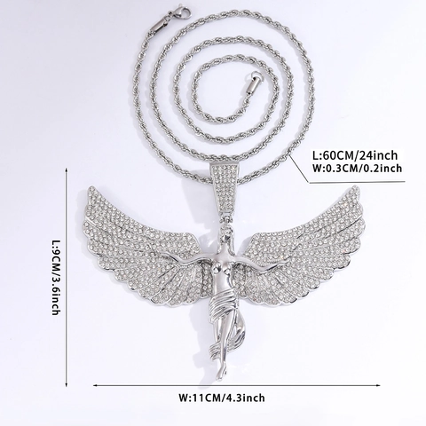 Hip Hop Large Angel Wing Pendant Necklace Zinc Alloy Full Rhinestone Pave Gold Silver Color Rope Chain Jewelry For Unisex