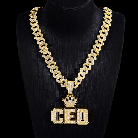 Hip Hop CEO Krone Buchstabe Strass Anhänger Halskette Legierung Panzerkette Herren Damen Bold Streetwear Schmuck