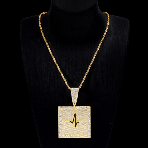 Hip Hop Iced Out Square Heartbeat Pendant Necklace Zinc Alloy Rhinestone Rope Chain Trendy Punk Unisex Jewelry Gift