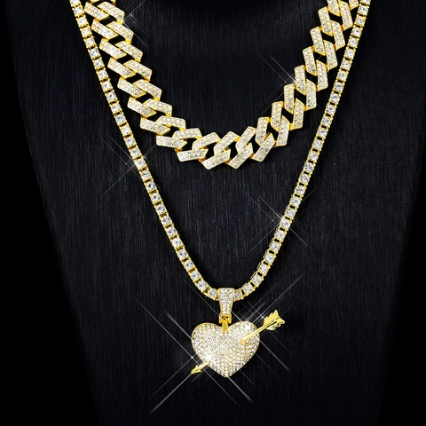 Collana Hip Hop in Lega di Zinco con Ciondolo a Cuore Trafitto Oro Argento Strass Catena Cubana Gioielli Uomo Donna